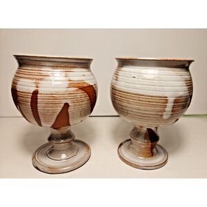Pair of Clay Studio Art Pottery‎ Hand Painted Wine Goblets Glazed Artist Signed